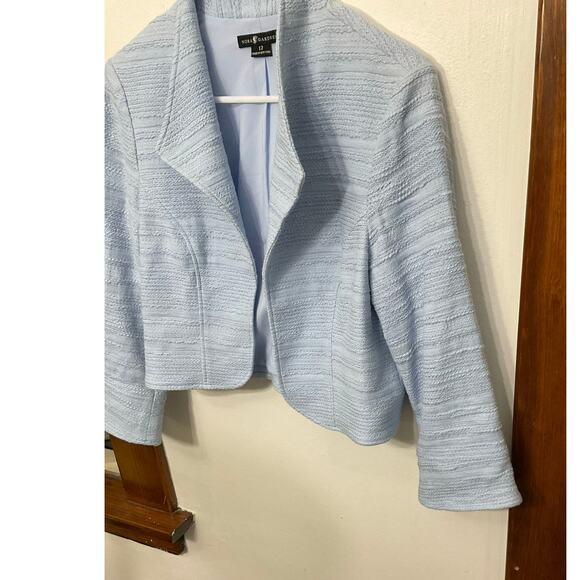 Nora Gardner Light Blue Textured Open Front Cropped Tailored Blazer Sz 12 Large - Picture 3 of 6